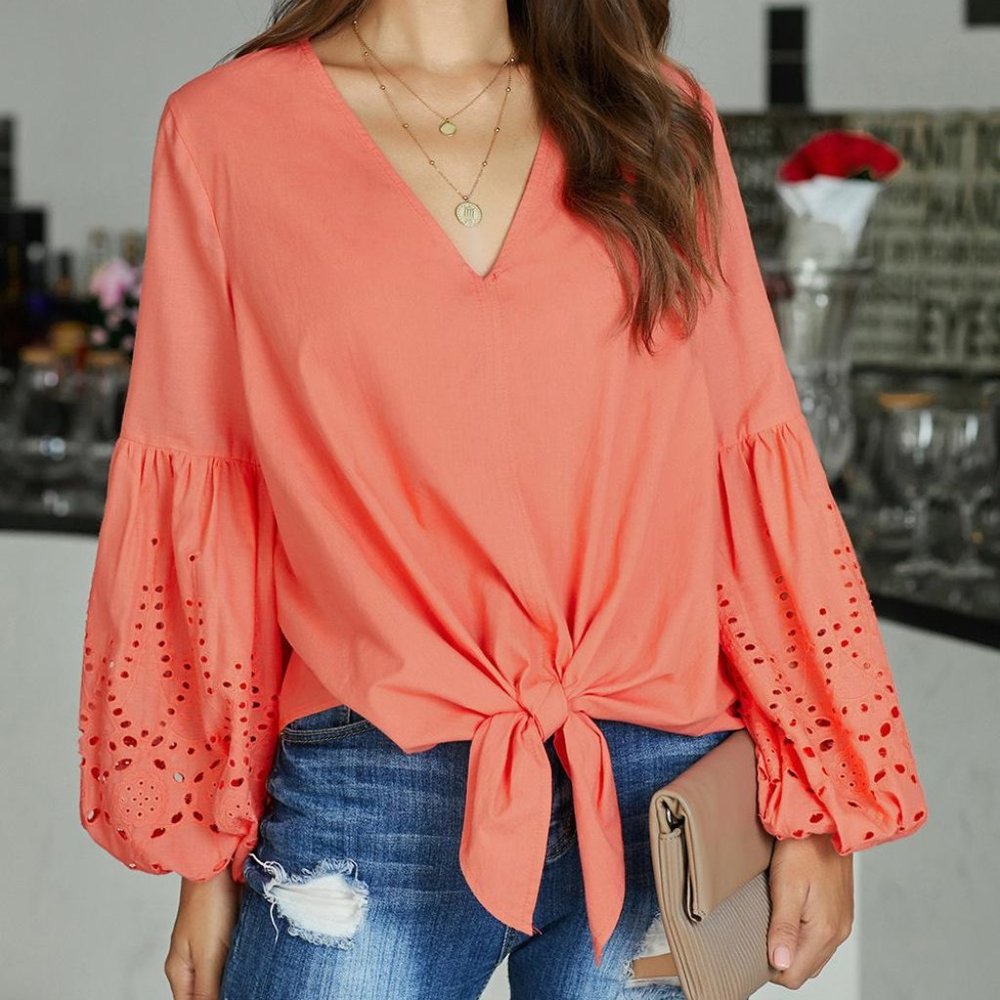 Coral Pink Rhapsody Cotton Balloon Sleeve Tie Top - Picture 1 of 3